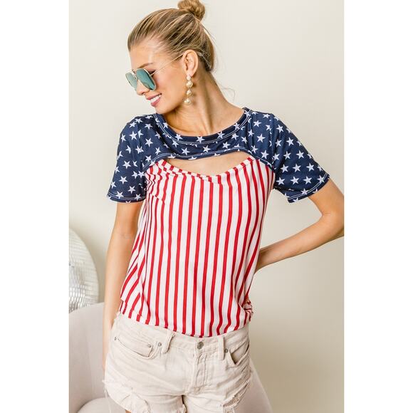 BiBi American Flag Theme Front Cut Out Short Sleeves Round Neck Top | Red Stripe - Picture 10 of 12